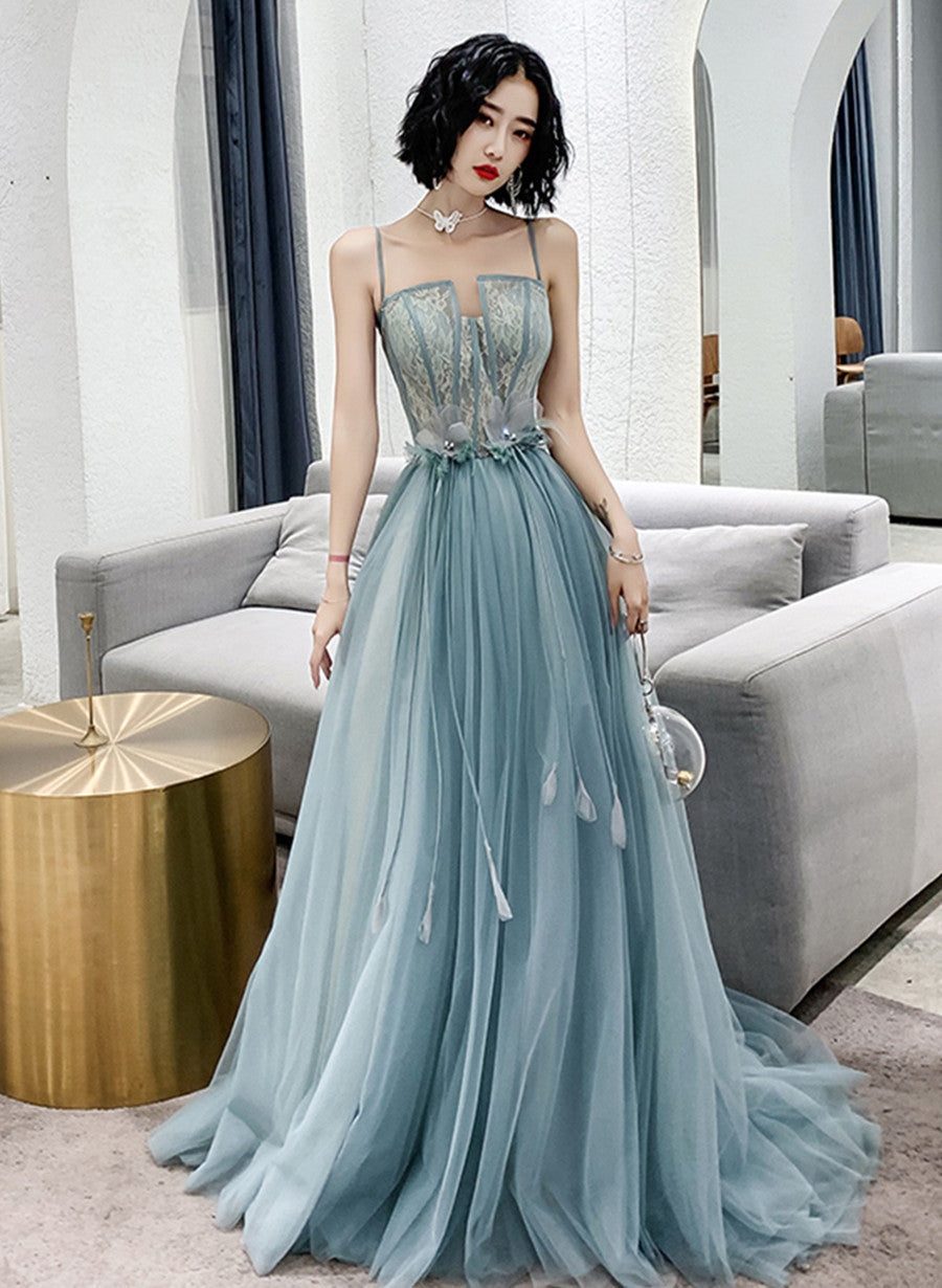 A-line Tulle Straps Long Blue Floor Length Party Dress