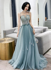 A-line Tulle Straps Long Blue Floor Length Party Dress