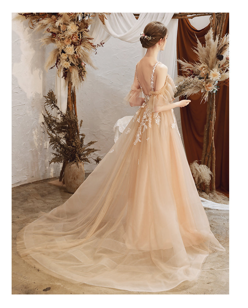 Light Champagne Lace Applique Halter Lace Applique Tulle Formal Gown