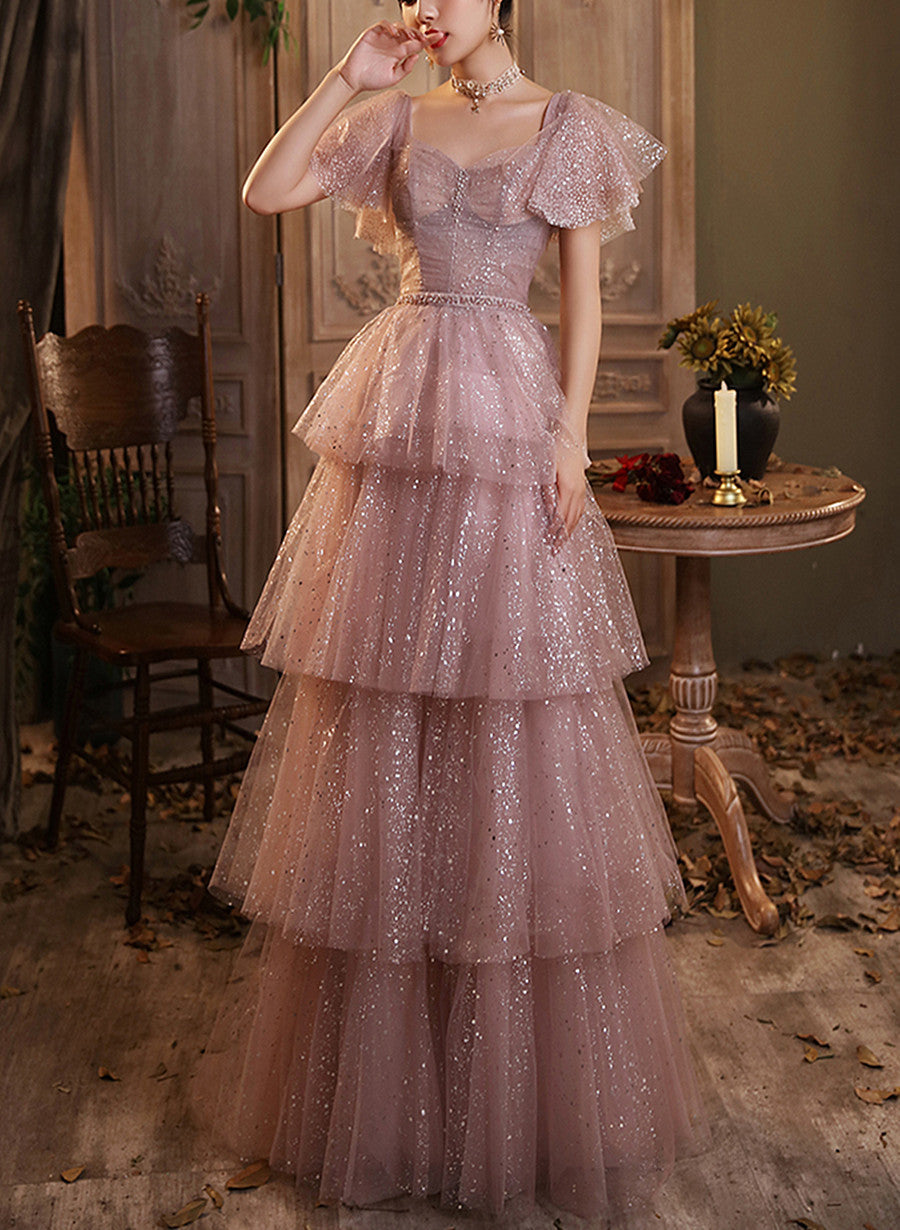 Vestido de fiesta de manga corta de tul brillante rosa oscuro 