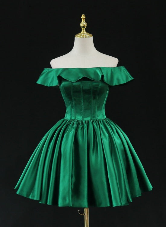 Vestido corto de satén verde para fiesta de bienvenida y graduación 