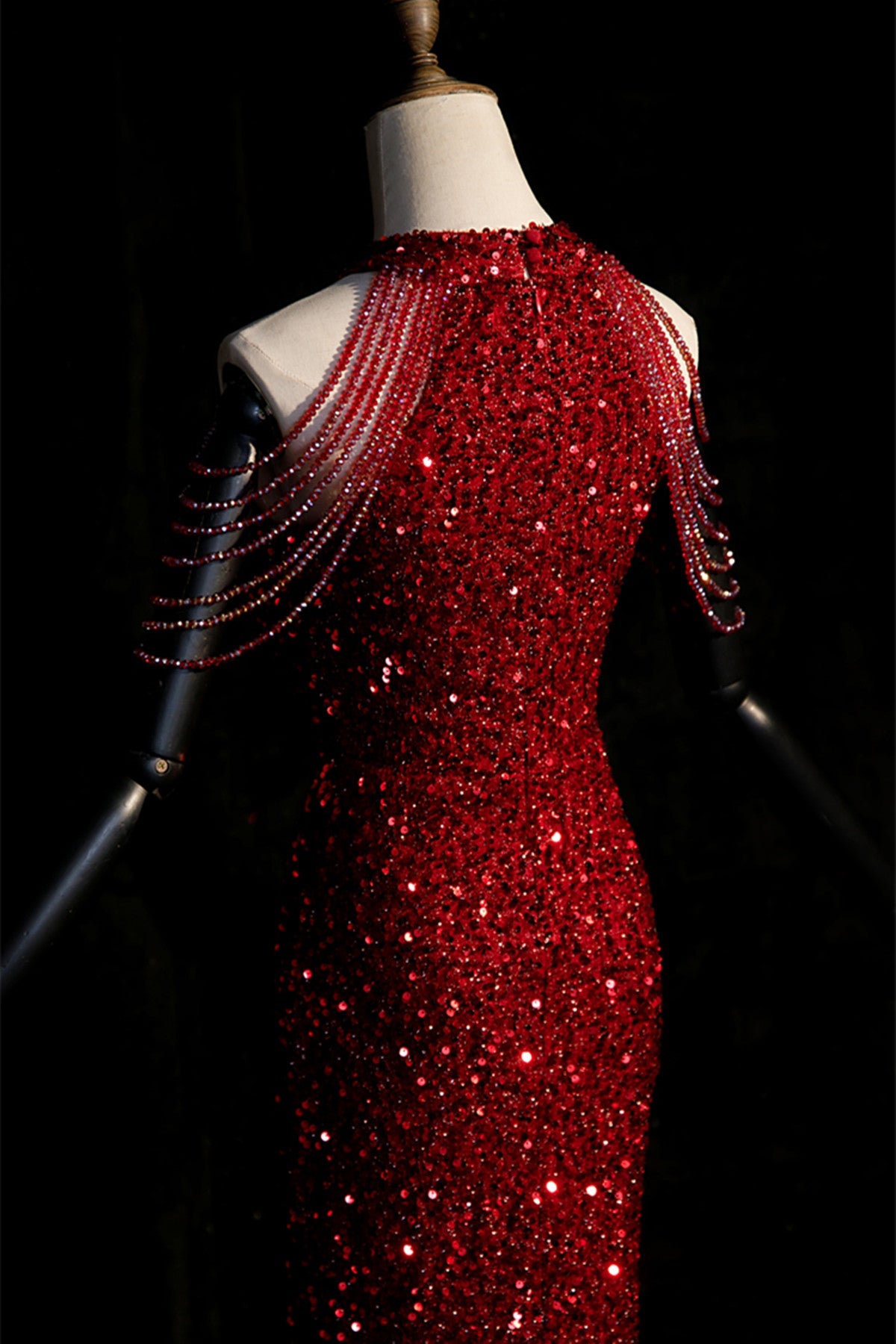 Wine Red Sequins Halter Mermaid Floor Length Party Dress