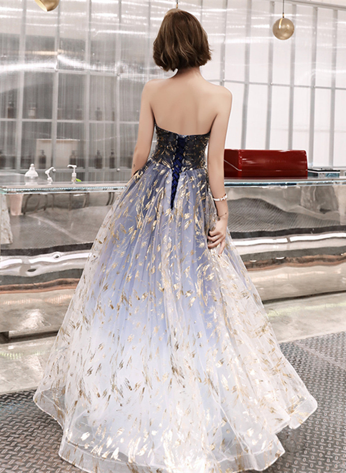 Blue Cute Tulle Gradient Long Party Dress