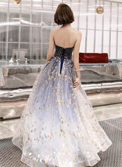 Blue Cute Tulle Gradient Long Party Dress