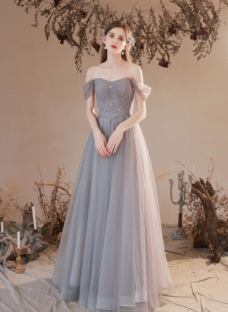 Grey Beaded Sweetheart Tulle A-line Off Shoulder Evening Dress