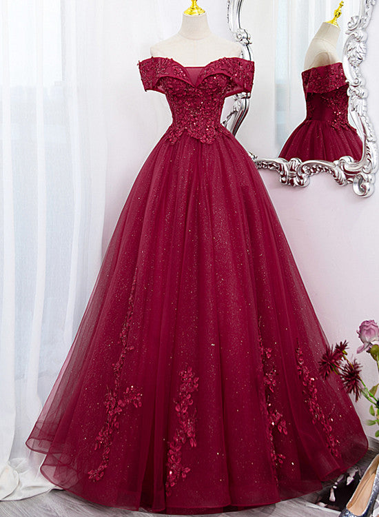 Burgundy Sweetheart Flowers Sequins Lace Party Dress
