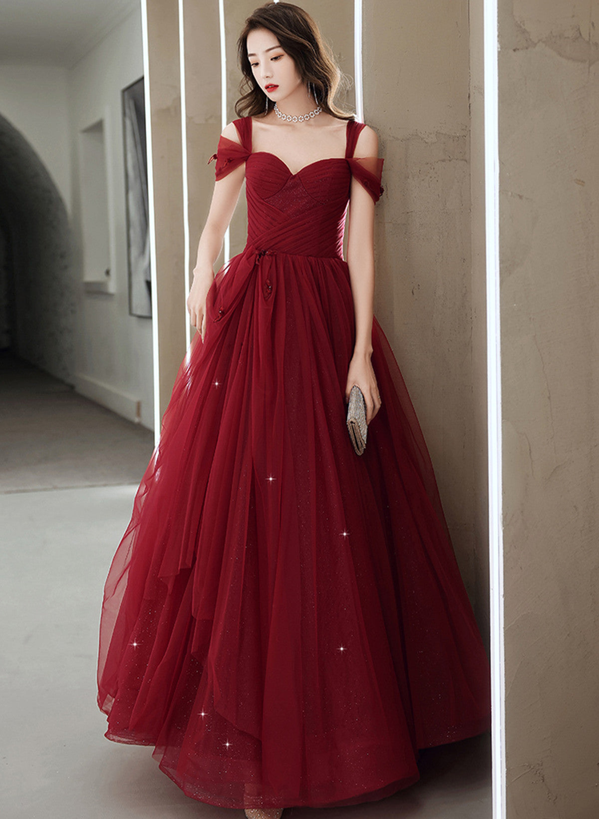 Wine Red Tulle Straps Sweetheart Long Party Dress