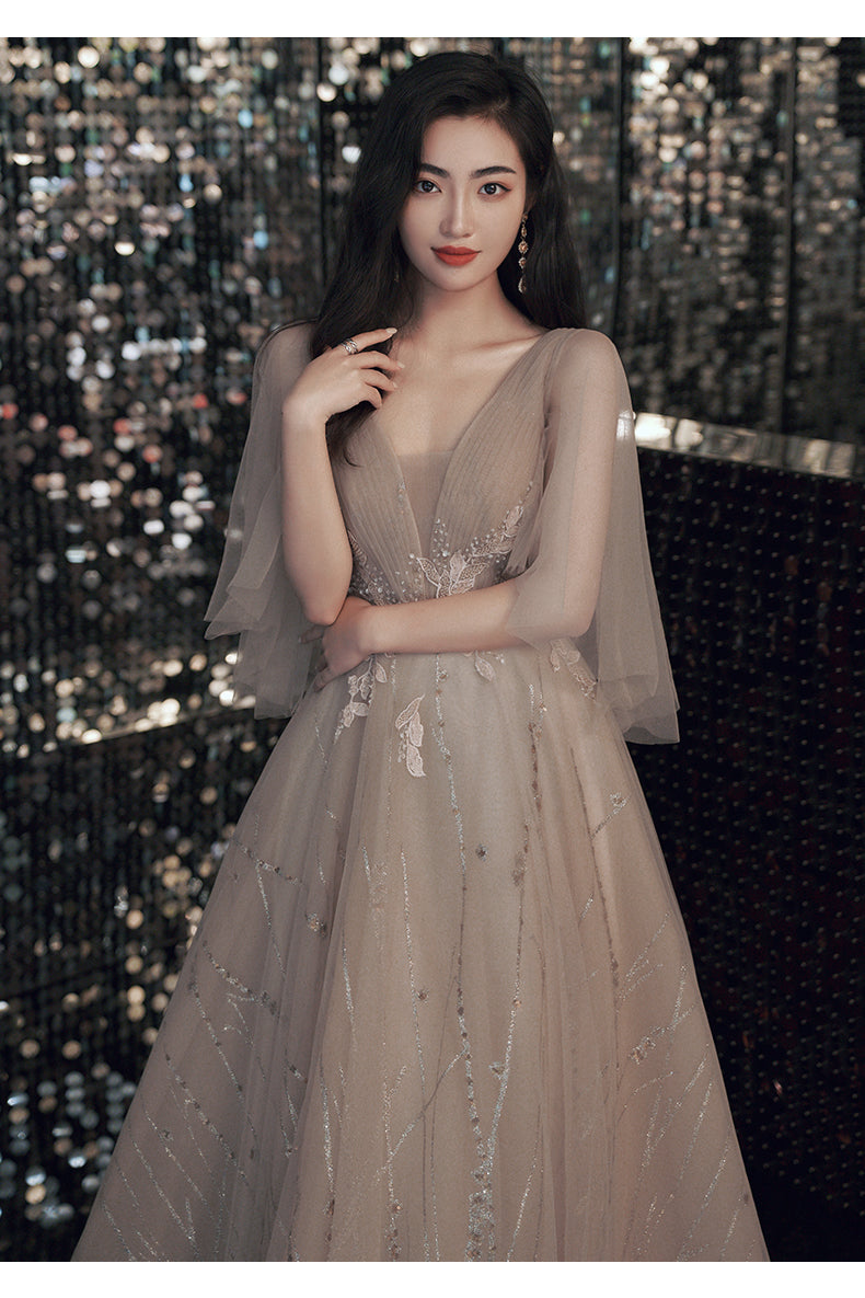 Sexy Champagne Tulle V Back Long Evening Dress Party Dress