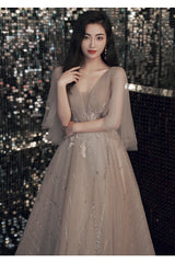 Sexy Champagne Tulle V Back Long Evening Dress Party Dress
