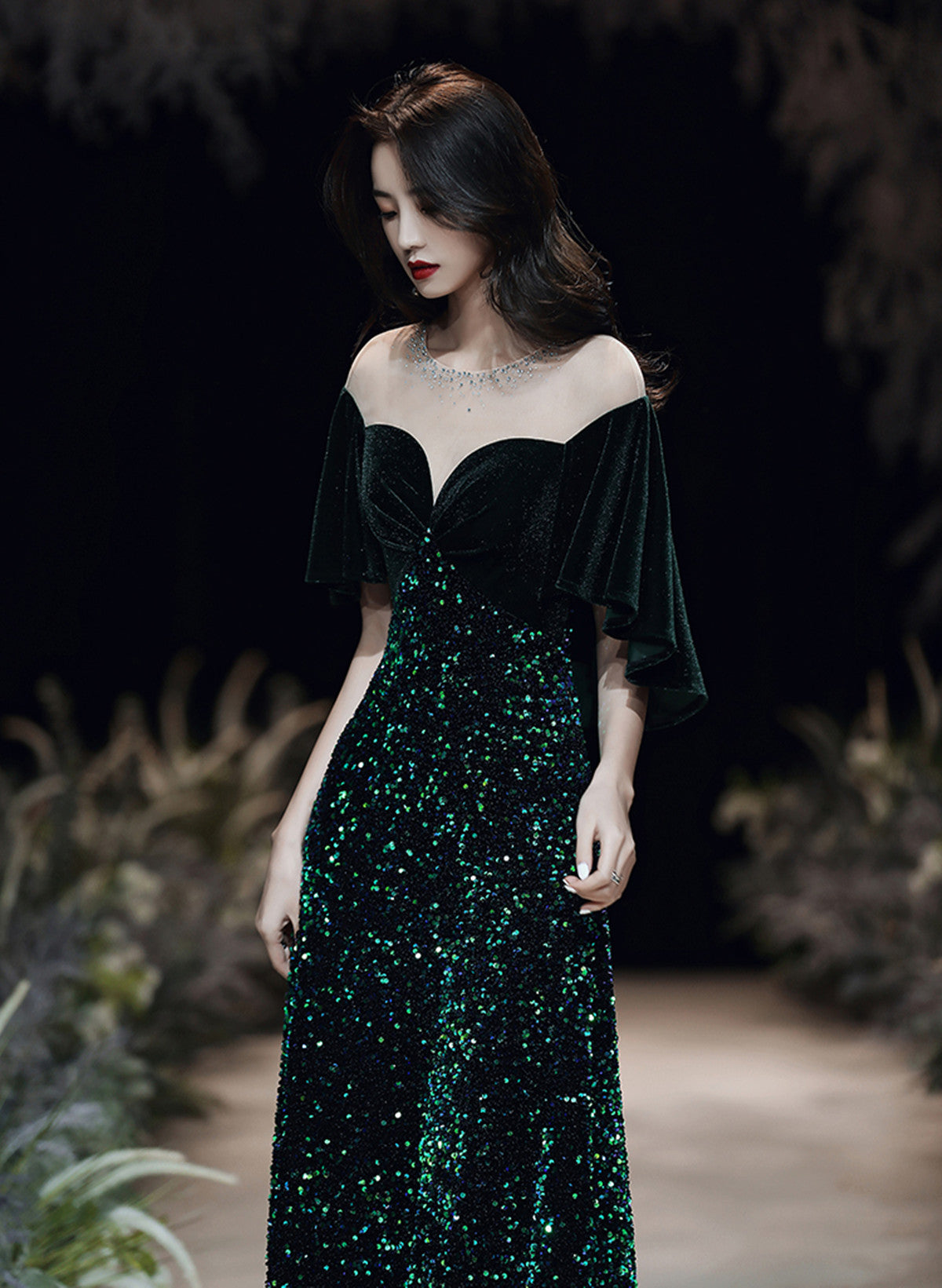 Dark Green Velvet and Sequins Mermaid Long Prom Dress