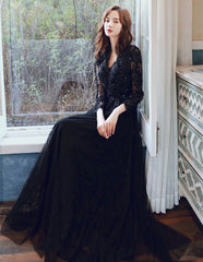 Vestido de fiesta de tul negro con mangas largas y encaje, corte A 