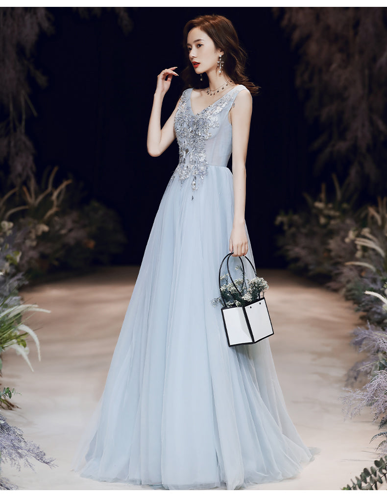 Light Blue V-neckline Tulle Long Prom Dress