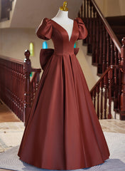 Vestido de fiesta largo sencillo de satén con mangas cortas y escote en V 