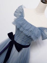 Grey-Blue Tulle Off Shoulder Long Party Dress with Bow