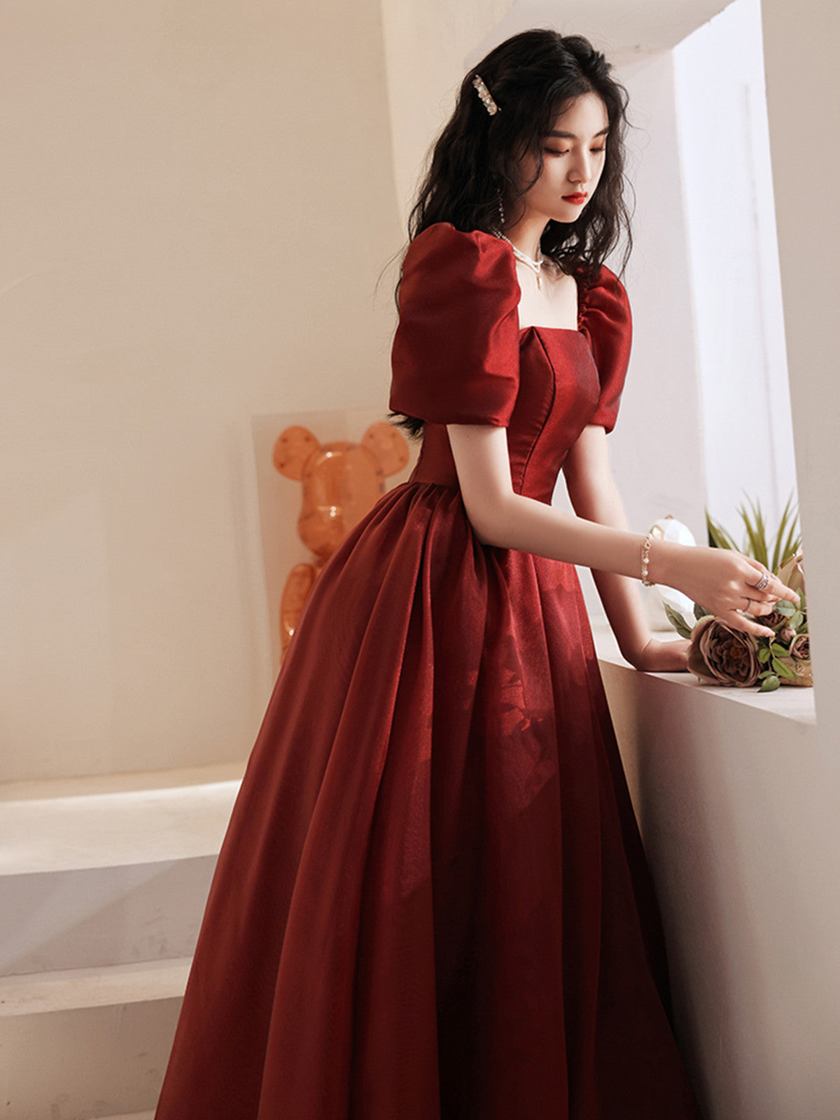 Lovely Wine Red Short Sleeves Organza Party Dress