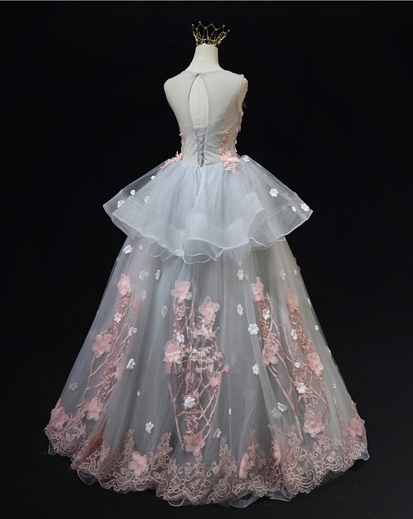 Grey Flowers Round Neckline Tulle with Lace Party Dress