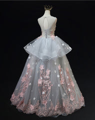 Grey Flowers Round Neckline Tulle with Lace Party Dress