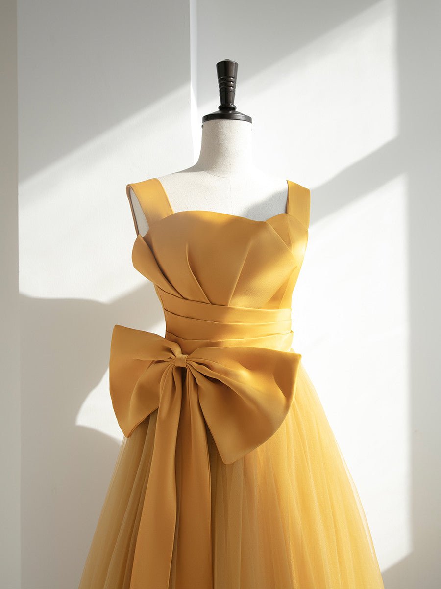 Yellow Tulle Long Party Dress with Bow