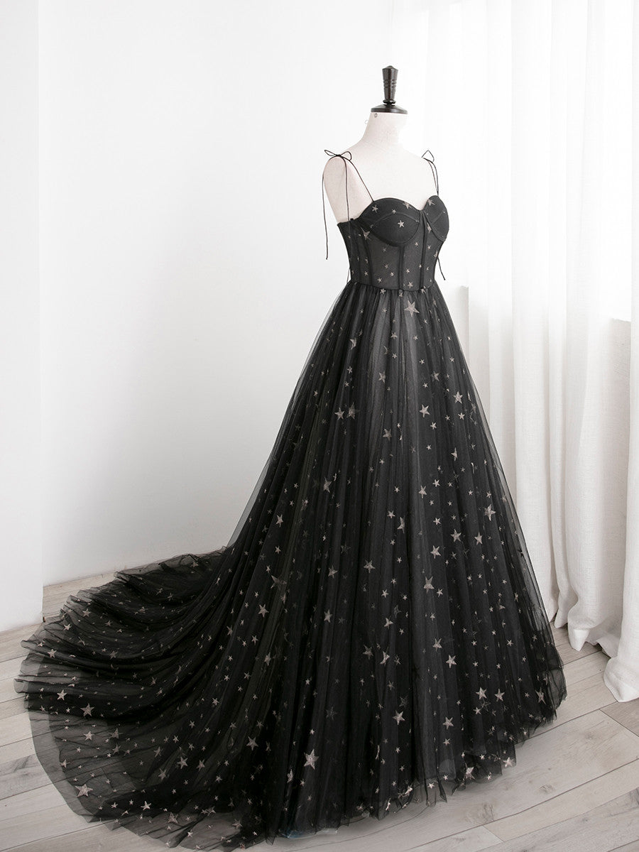 Black Sweetheart Tulle Straps Long Formal Dress