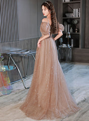 Vestido de fiesta largo con hombros descubiertos y tul color champán en forma de A 