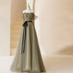 Light Green Tulle Off Shoulder with Flowers A-line Prom Dress