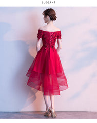 Red High Low Lace Flowers Tulle Off Shoulder Party Dress