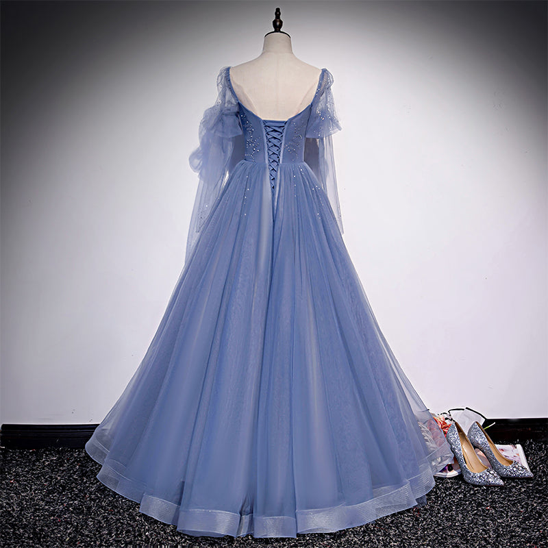 Beautiful Blue Tulle Beaded Long Formal Dress Party Dresses