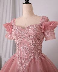 Vestido de fiesta de tul rosa con apliques de encaje para quinceañeras 