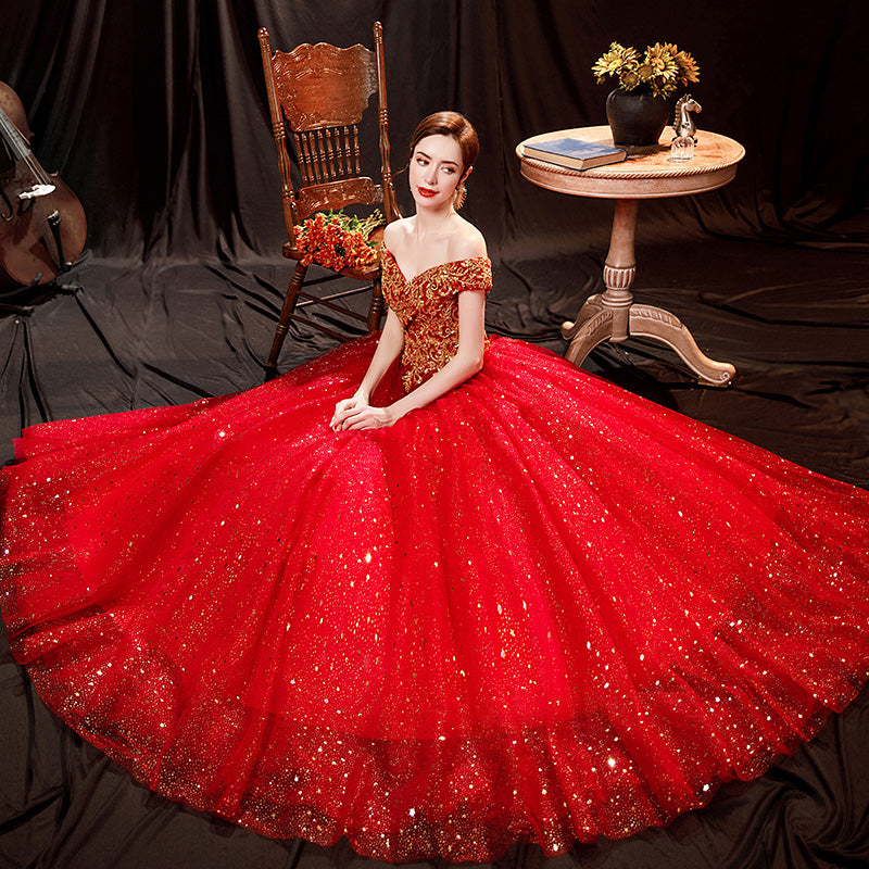 Vestido corto de fiesta con escote en forma de corazón de tul brillante rojo y hombros descubiertos 