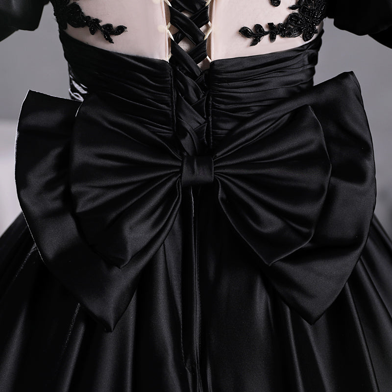 Black Satin A-line Floor Length Long Party Dress with Lace