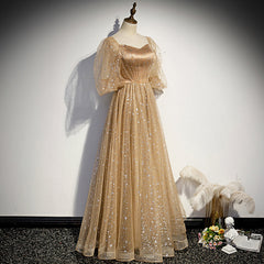 Champagne Tulle Chich Long Puffy Sleeves Party Dress Formal Dress