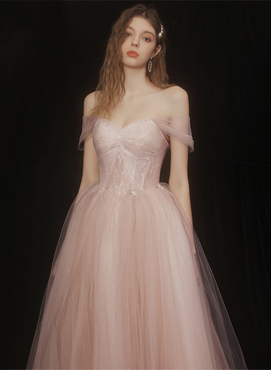 Vestido de fiesta con hombros descubiertos, encaje de tul rosa y cuentas 