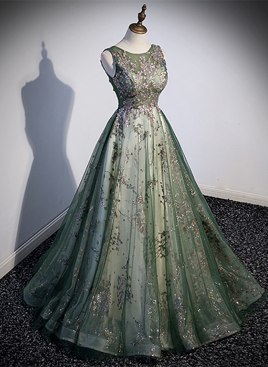 Vestido de fiesta largo de tul verde con escote redondo 