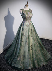 Vestido de fiesta largo de tul verde con escote redondo 