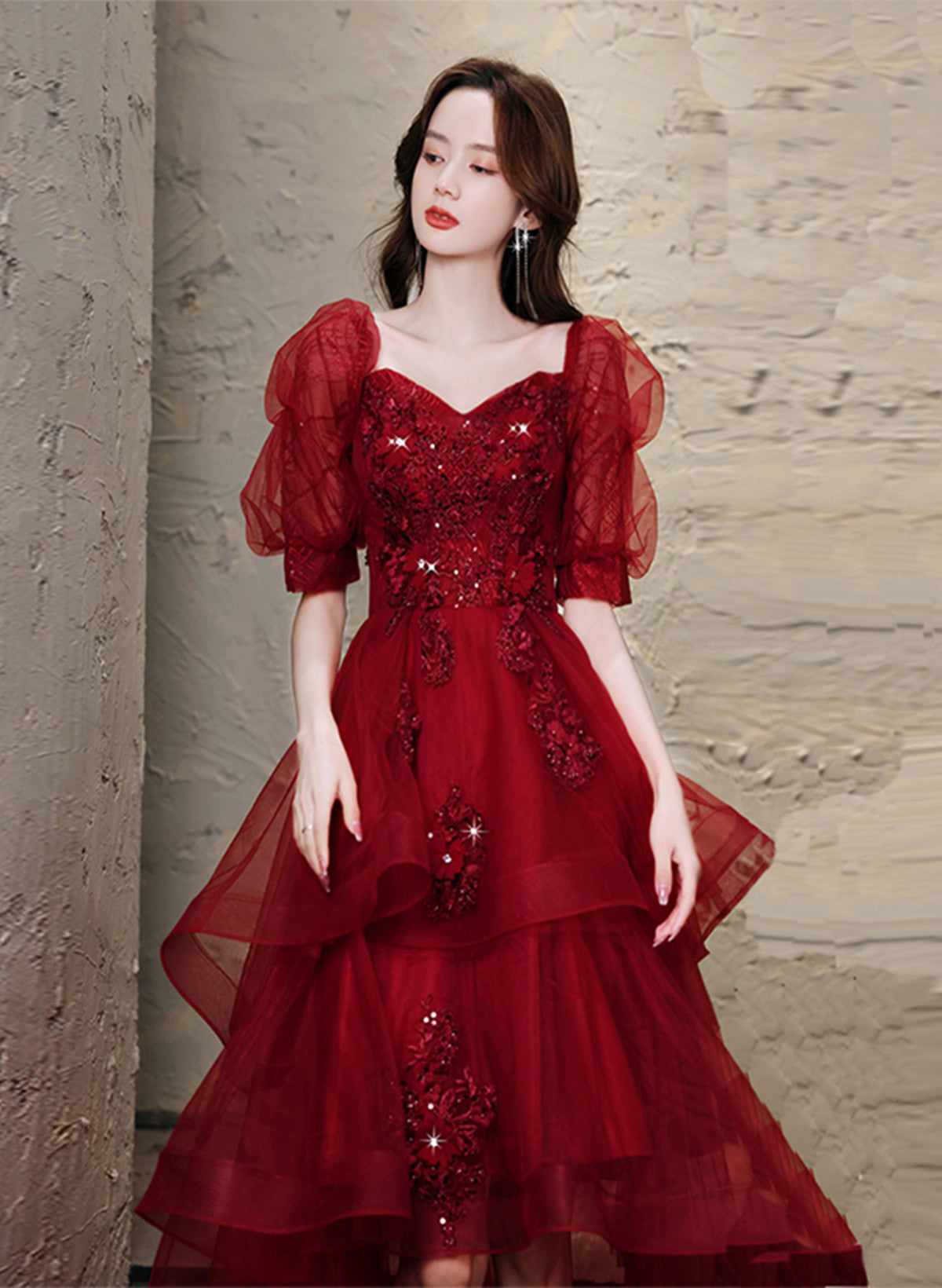 Wine Red High low Short Sleeves Homecoming Dress
