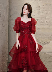 Wine Red High low Short Sleeves Homecoming Dress