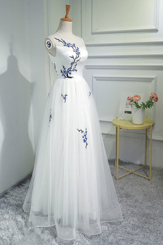 Beautiful White Tulle Long A-line Prom Dress