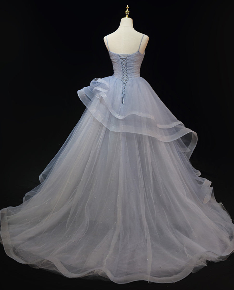 Grey Tulle Straps Layers Long Prom Dress Party Dress