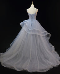 Grey Tulle Straps Layers Long Prom Dress Party Dress
