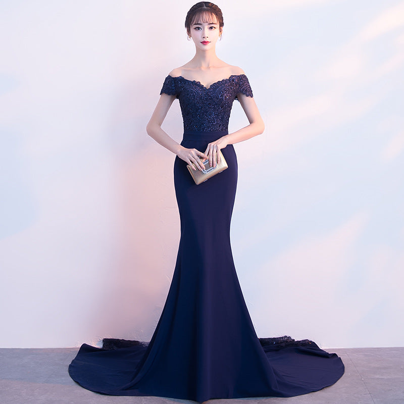 Beautiful Navy Blue Mermaid Lace Long Party Dress