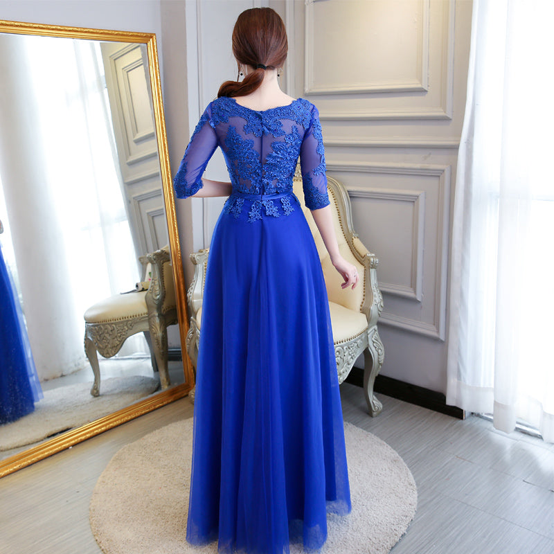 Blue Lace and Tulle 1/2 Sleeves Long A-line Bridesmaid Dress