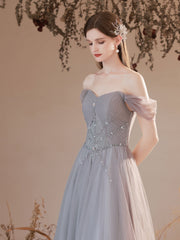Grey Beaded Sweetheart Tulle A-line Off Shoulder Evening Dress