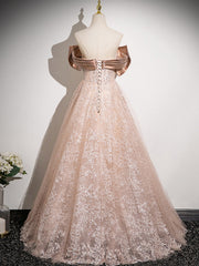 Vestido de fiesta con escote en forma de corazón, corte A, encaje champán y hombros descubiertos 