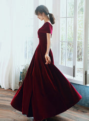 Wine Red Velvet Simple A-line Long Wedding Party Dress