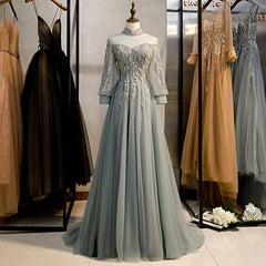 Charming Tulle Long Sleeves Beaded and Lace Long Party Dress