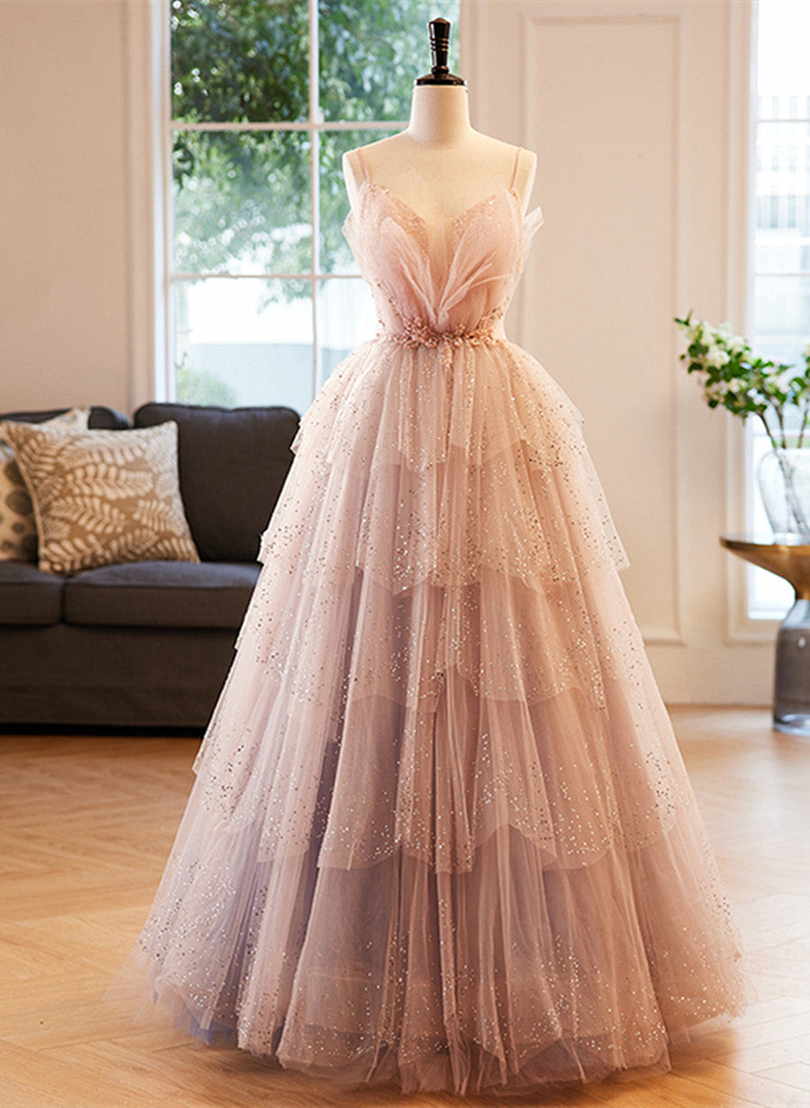 Vestido de fiesta de tul con escote en V y cuentas rosas. 