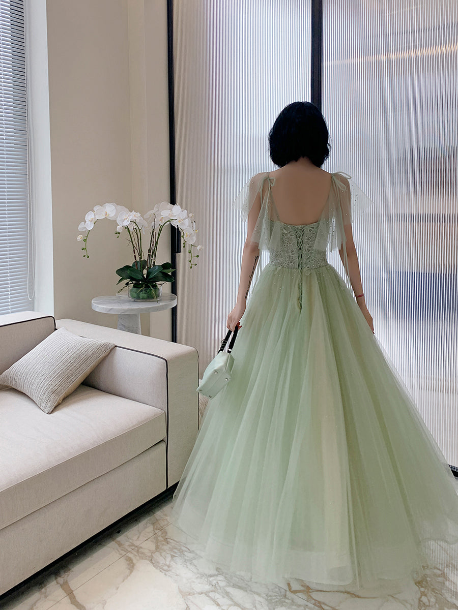 Light Green Tulle with Lace Short Sleeves Long Party Dress
