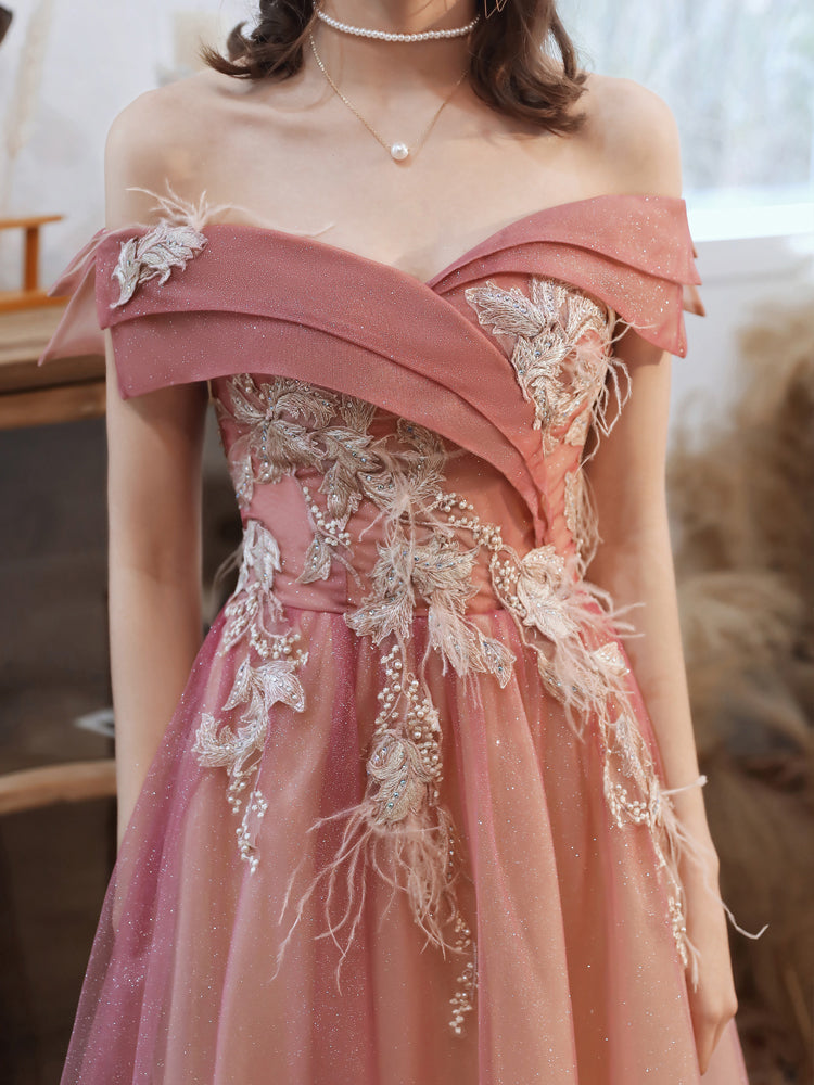 Gradient Pink Off Shoulder A-line with Flowers Prom Dress