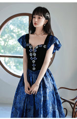Blue Floral Satin Sweetheart Floor Length Party Dress