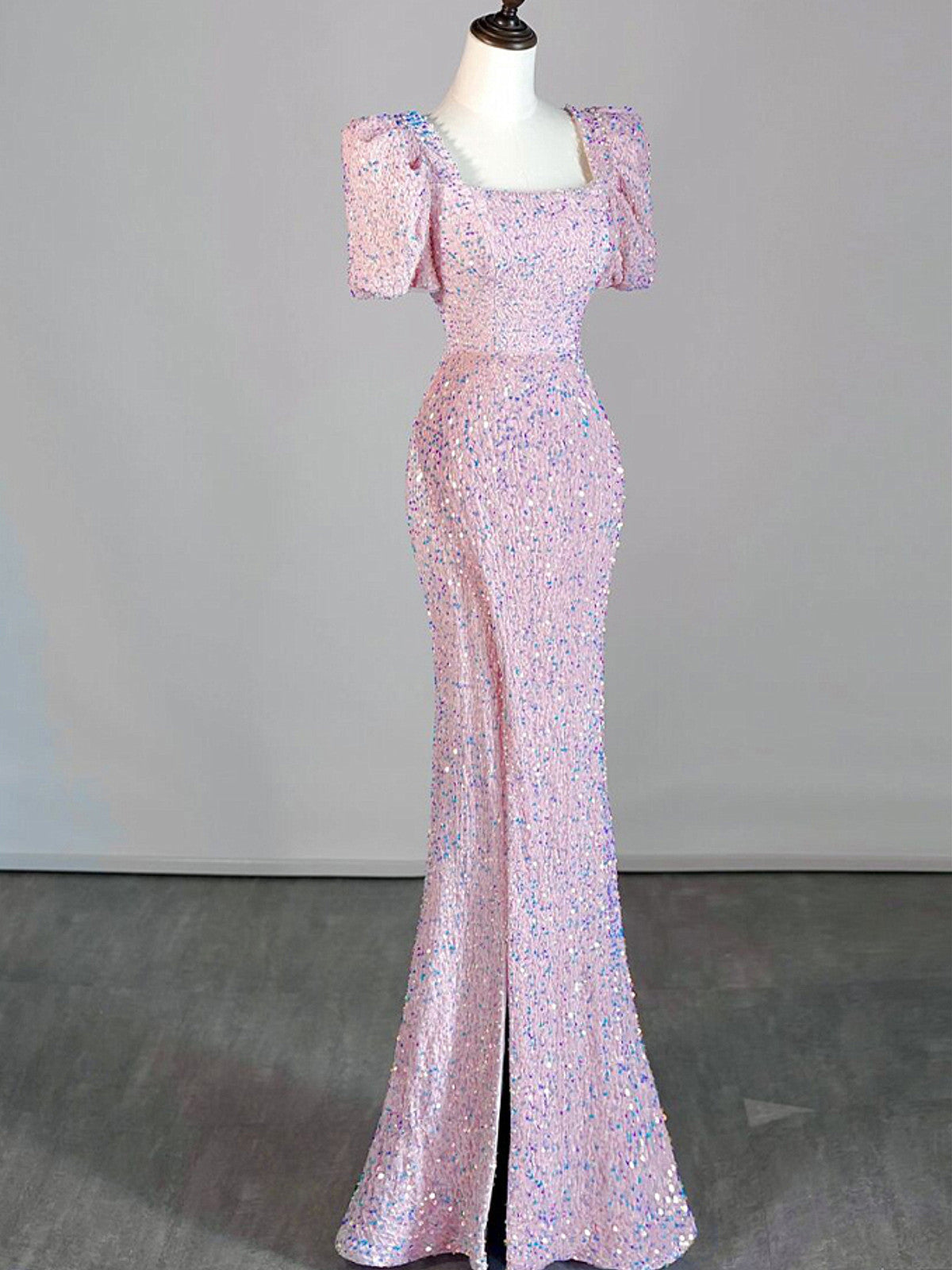 Vestidos de fiesta largos de manga corta con lentejuelas de sirena rosa 